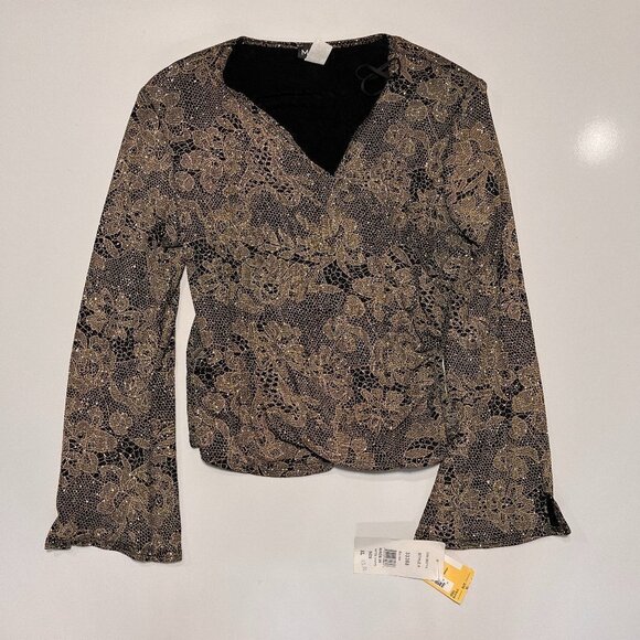 MSK‎ Gold Floral Blouse Long Sleeves Embellished Size XL V-Neck Made in USA- NWT - Picture 1 of 8